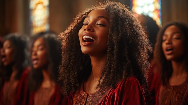 choir of women in red robes singing inside a church with stained glass, central curly-haired singer looking upward, reverent and uplifting mood