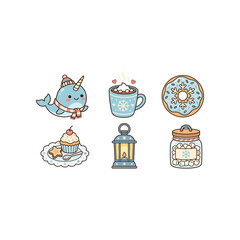 Cute Winter Kawaii Icons: Narwhal, Hot Chocolate, Donut, Cupcake, Lantern, Marshmallows © dek
