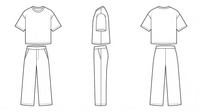 Women's Fashion Technical Sketch: Loungewear T-shirt and Wide Leg Trousers Set Template, Front, Side, and Back Views