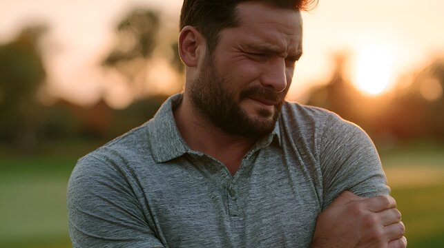 Bearded man suffering from shoulder pain outdoors at sunset