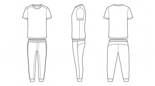 Men's Sportswear Tracksuit Technical Flat Sketch Template with T-shirt and Joggers - Front, Back, and Side View