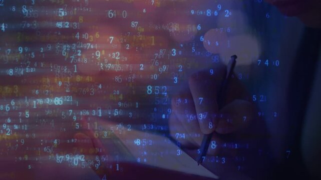 Businessman writing with pen overlaid with glowing digital numbers and data streams. Concept for finance, technology, digital transformation, and corporate data.