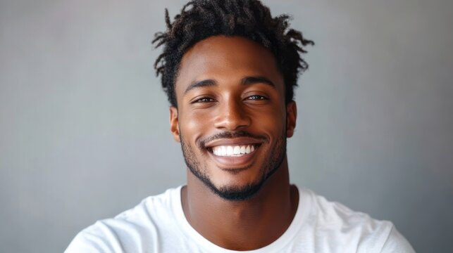 Head-and-shoulders portrait of an anonymous person with short textured hair wearing a white t-shirt against a neutral gray background, face blurred, neutral expression