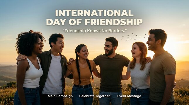 Diverse group of friends standing together on International Day of Friendship, smiling and embracing each other outdoors at sunset