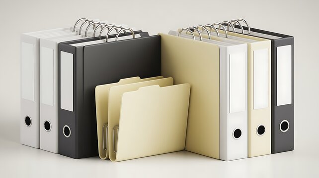 White and Black office binders and folders mockup. Blank ring covers with metal clips for files and document storage folders. 3d iluustration