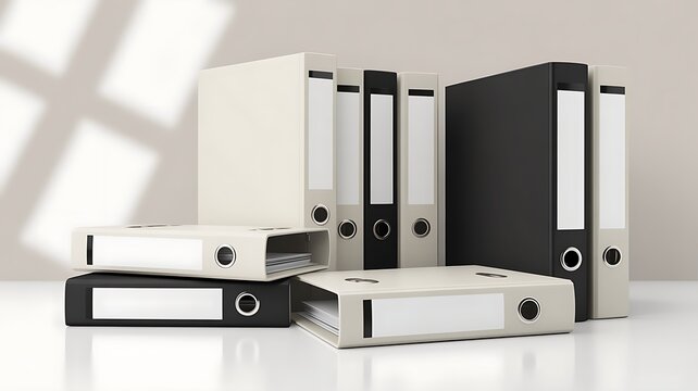 White and Black office binders and folders mockup. Blank ring covers with metal clips for files and document storage folders. 3d iluustration