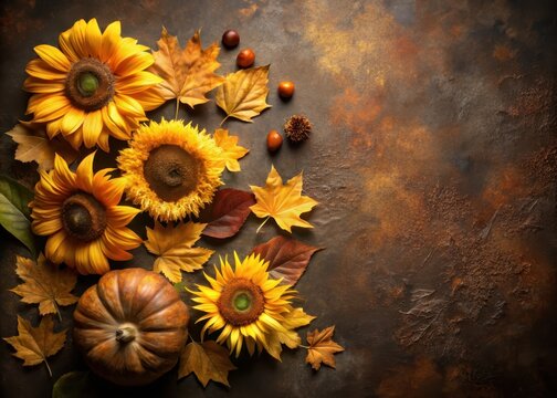 Sunflowers in fall arrangement on dark vintage background with warm golden hues and earthy tones surrounded by fallen leaves