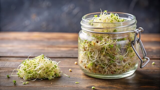 Fresh alfalfa sprouts in a glass jar