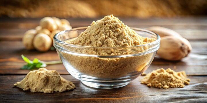 High-quality image of maca powder flour in a glass bowl with visible maca roots or Peruvian ginseng Lepidium meyenii