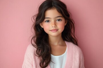 Fototapeta premium Portrait of an anonymous woman with long wavy brown hair in a pink cardigan and white top against a soft pink background, conveying a calm, cozy, serene mood