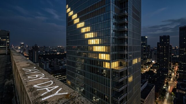 Night view of a modern skyscraper with a diagonal row of glowing yellow office windows, seen from a concrete rooftop ledge with DAY BY DAY graffiti in a dark urban setting.