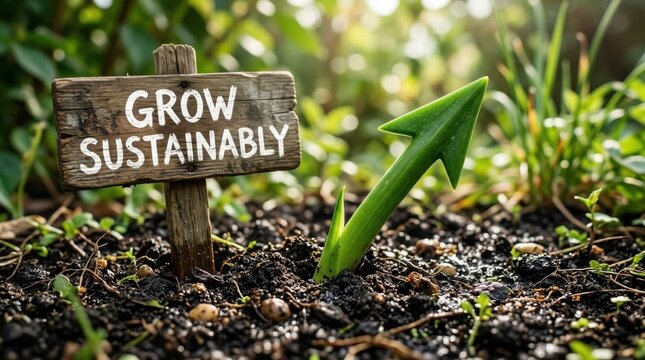 Wooden sign with text GROW SUSTAINABLY in dark soil next to a green plant shoot shaped like an upward arrow, symbolizing eco-friendly progress and environmental business growth.
