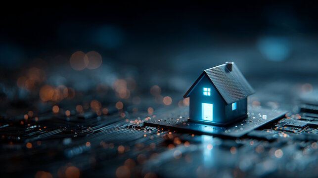 Small house model with blue light illumination on computer hardware, technology
