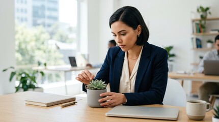 Obraz premium Model adjusting desk plant works, professional woman in office setting, holding succulent plant