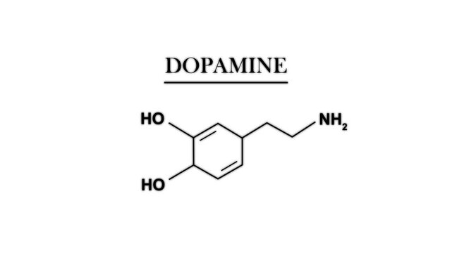 Glowing neon cyan dopamine chemical molecular structure formula animation text on a solid black background for science and biology motion graphics