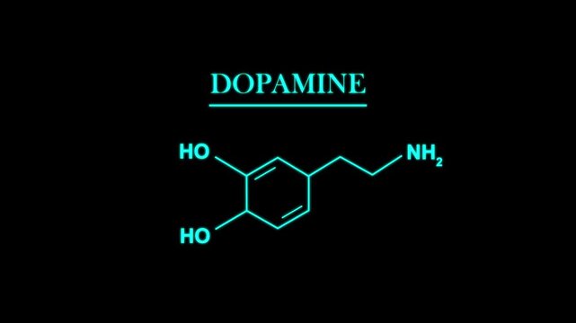 Glowing neon cyan dopamine chemical molecular structure formula animation text on a solid black background for science and biology motion graphics