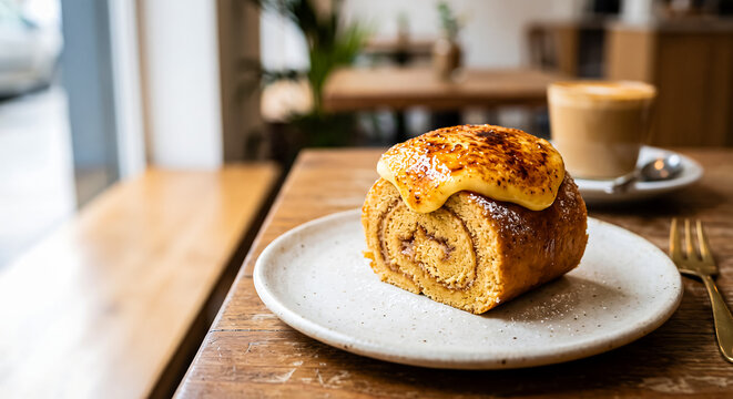 Delicious Rolled Pionono Pastry With Coffee In Cafe