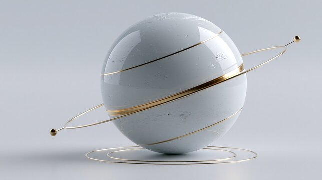 Glossy textured light gray globe sphere decorated with thin golden orbital rings on light gray background showing luxury modern abstract 3d art design