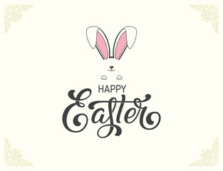 Fototapeta premium Happy Easter Greeting Card with Colorful Eggs, Spring Flowers and Bunny Vector Illustration