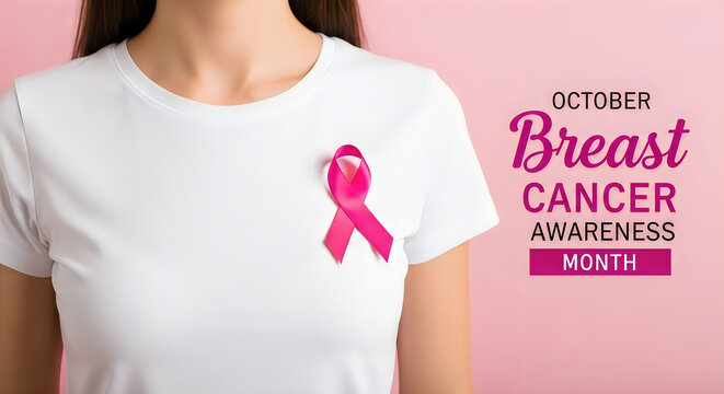 Breast cancer awareness concept. Woman with pink headscarf and ribbon symbol.