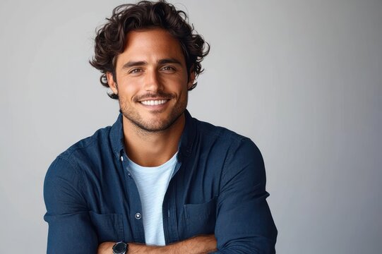 young man with blurred face, curly hair, wearing a dark blue button shirt over a white t-shirt, arms crossed with wristwatch, confident relaxed pose against a neutral gray background