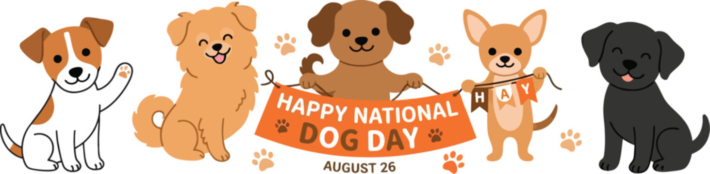 Happy national dog day august 26th banner with diverse dogs and paw prints.
