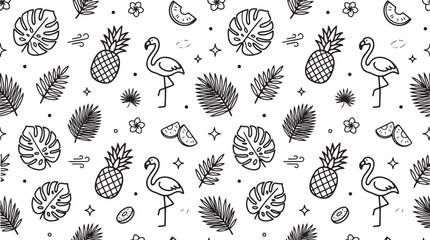 Cute flamingo and pineapple line art tropical seamless pattern © Vistara Studio