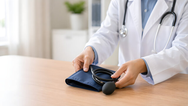 Doctor preparing blood pressure monitor during routine medical consultation