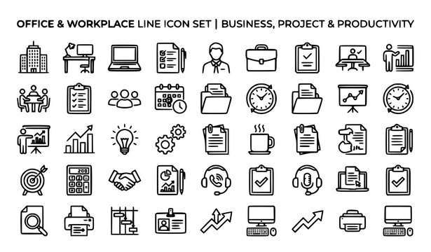 Modern office workplace web icon collection with business collaboration document management and productivity outline symbols vector set