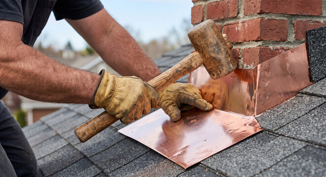 Roofer installing copper flashing around chimney on asphalt shingle roof using mallet and gloves.