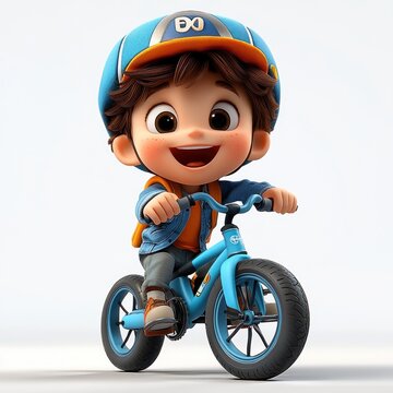 child on a blue balance bike wearing a matching blue helmet, orange jacket and backpack in a playful energetic pose on a minimalist white background