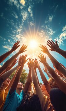 Smiling group of people reaching up with outstretched hands toward bright sun and blue sky, radiating joy, unity, hope and celebration