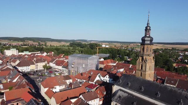 aerial view of the old town Bad K&ouml;nigshofen im Grabfeld in the Rh&ouml;n Region of Lower Franconia, Bavaria, Germany 4k