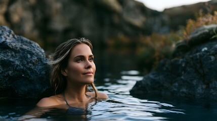 Fototapeta premium A woman relaxes peacefully in a natural hot spring nestled among dark volcanic rocks and autumn foliage