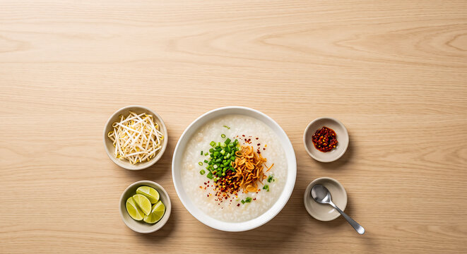 Flat Lay Of Borbor Rice Porridge With Ingredients On Wood