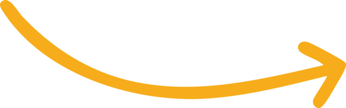 Hand drawn yellow curved arrow pointing to the right isolated on white background isolated on transparent background, illustration