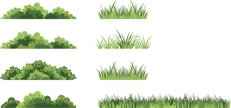 Collection of green bushes and grass blades a vector illustration with a white background bush shrub shrubs grasses blade foliage leafy greenery