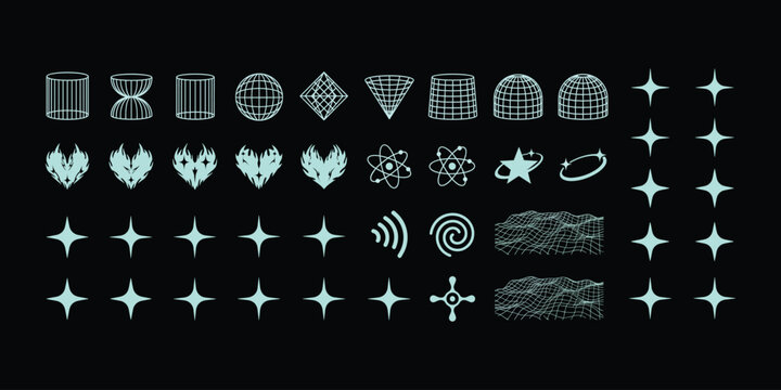 Geometric shapes and celestial objects in a light blue vector illustration on a black background forms cylindrical object truncated cone prism shape