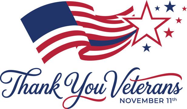 Thank You Veterans November 11th elegant cursive typography banner with waving US flag