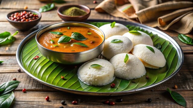 South indian breakfast dish of idli served with flavorful sambar