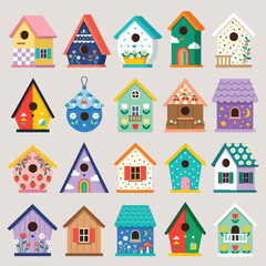 Naklejka premium Birdhouses set, colorful decorative bird house collection, whimsical garden icons, flat vector illustration