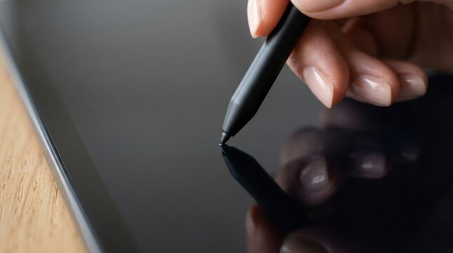 Model hand tapping glass tablet, drawing tablet and pen