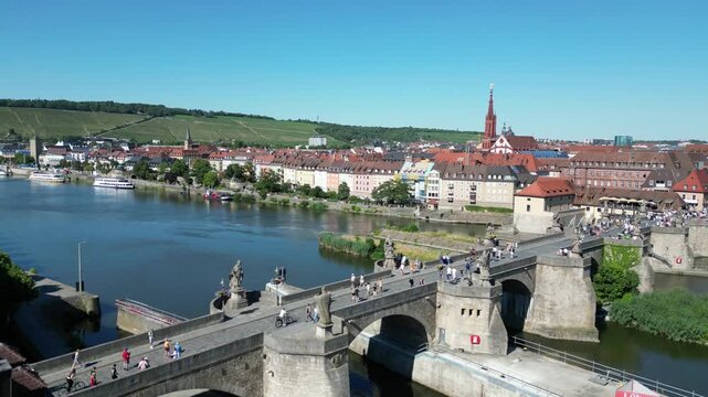 Aerial View of W&uuml;rzburg with the Main River in Lower Franconia, Bavaria, Germany 4k