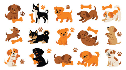 Fototapeta premium Cute cartoon dogs and puppy collection with orange bones and paw prints set design.