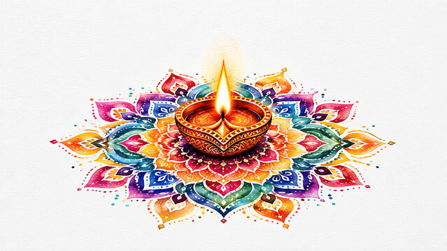 Hand Painted Watercolor Diya with Vibrant Rangoli for Diwali Celebration