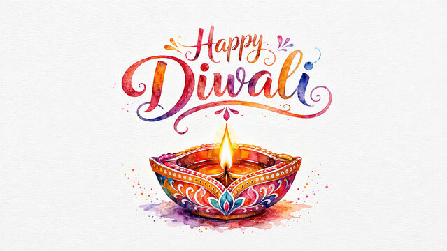 Happy Diwali Watercolor Lettering with Decorative Diwali Diya Illustration
