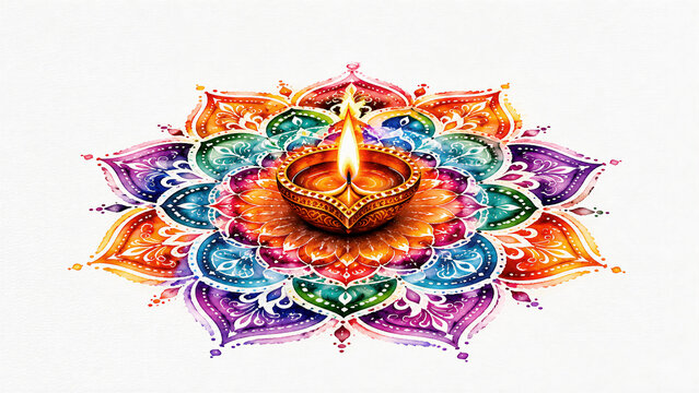 Hand Painted Watercolor Diya with Vibrant Rangoli for Diwali Celebration