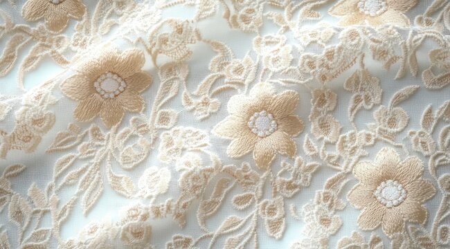 delicate beige embroidered floral lace fabric with stitched flowers and leaves, soft elegant romantic texture