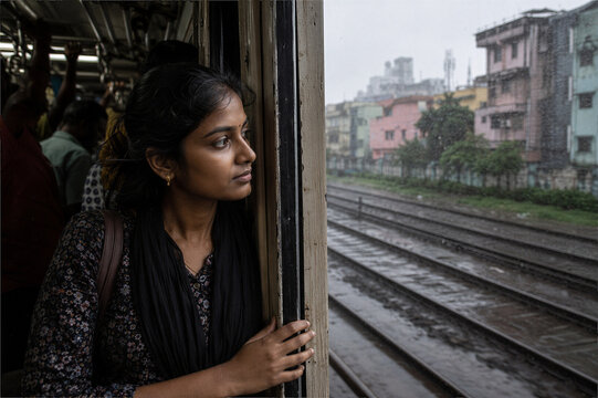Indian Female Passenger Looking Outside Train Window During Monsoon
