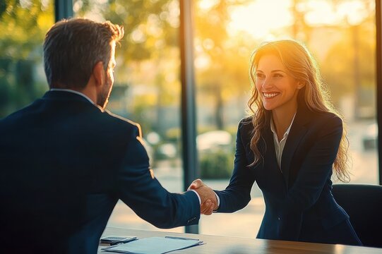 Two professionals in suits shaking hands across a table in a sunlit office with large windows, warm backlit scene conveying agreement and cordial cooperation